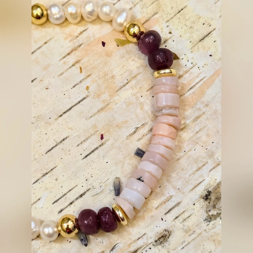 Nature's Pink Opal & Ruby W/ Baroque Pearls In Statement Gold Plated Bracelet